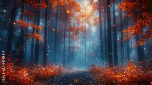 enchanted autumn forest at night towering trees with vibrant fall foliage illuminated by soft moonlight mystical atmosphere with hints of mist and twinkling starlight