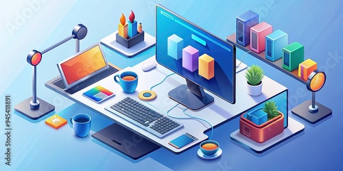 Modern computer support concept featuring a colorful isometric illustration of a desk with various gadgets and tools, surrounded by helpful icons and symbols.