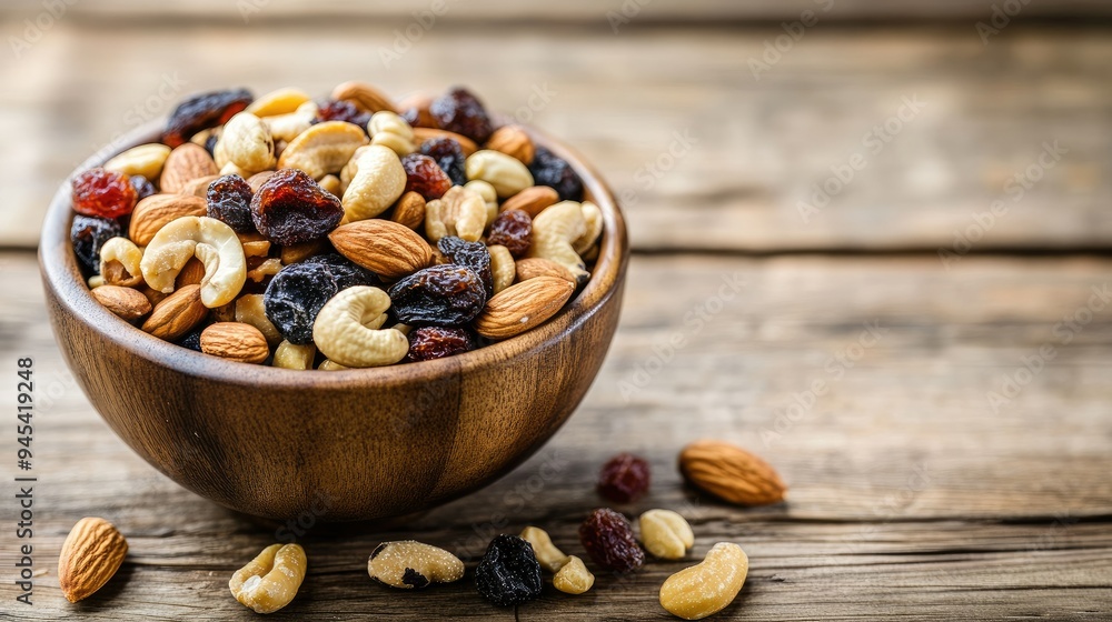 A bowl of mixed nuts and dried fruits on a wooden table, ready for a healthy snack A bowl of mixed nuts and dried fruits on a wooden table, ready for a healthy snack