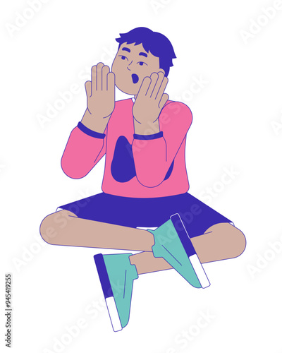Open mouth boy omg reacting 2D cartoon character. Shocked kid. Preteen surprised. Middle eastern male child wow astonished isolated person flat vector on white background. Spot illustration colorful