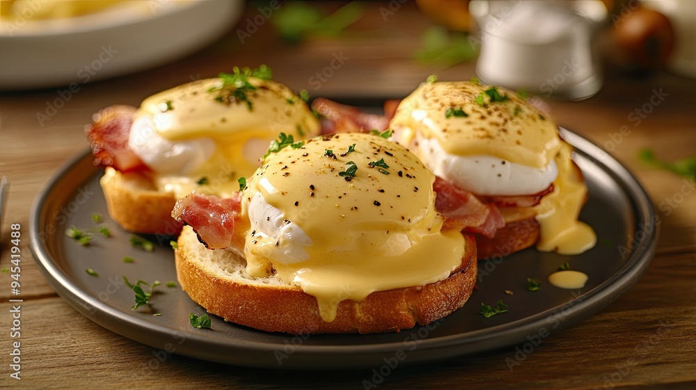 A classic eggs benedict dish with poached eggs, hollandaise sauce, and Canadian bacon on toasted English muffins A classic eggs benedict dish with poached eggs, hollandaise sauce, and Canadian bacon on toasted English muffins