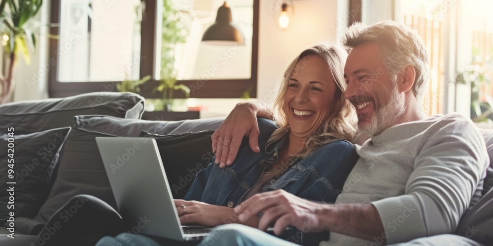 Senior couple smiling with laptop on the sofa Senior couple smiling with laptop on the sofa