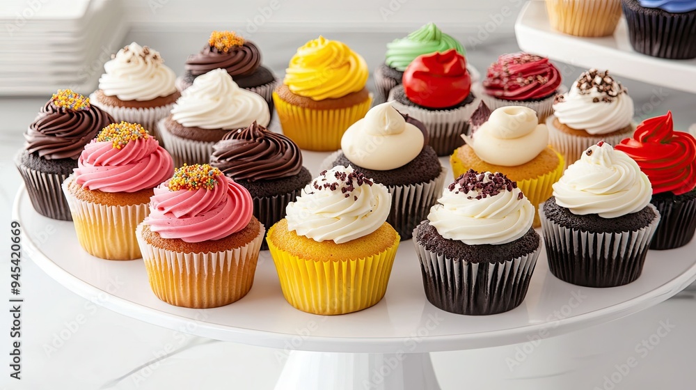 A colorful array of cupcakes with different frosting and toppings, arranged neatly on a white dessert stand A colorful array of cupcakes with different frosting and toppings, arranged neatly on a white dessert stand