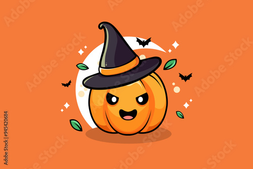 Cute Pumpkin with Black Witch Hat and Spooky Grinning Expression