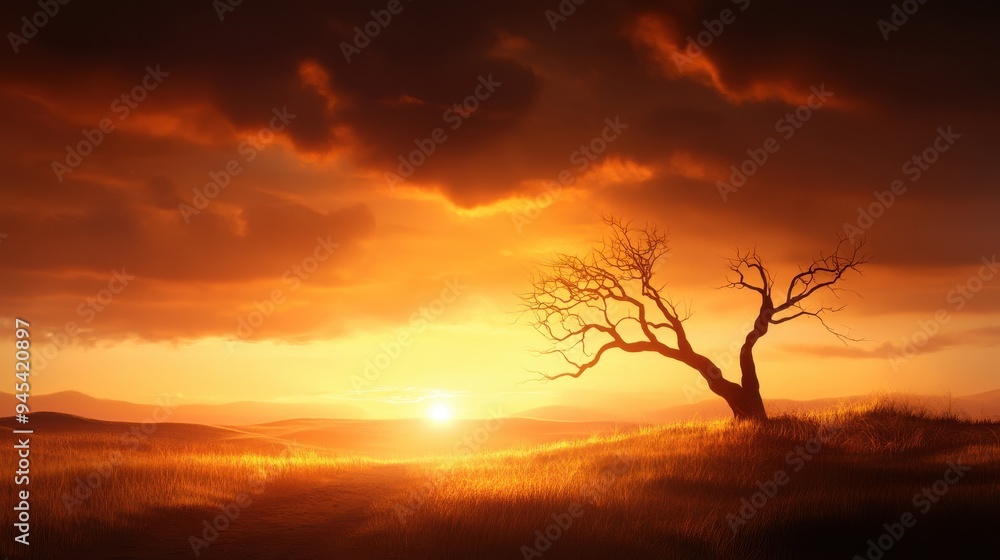 Fototapeta premium Breathtaking sunset over golden fields with a solitary tree, creating a serene and tranquil atmosphere, perfect for nature enthusiasts.