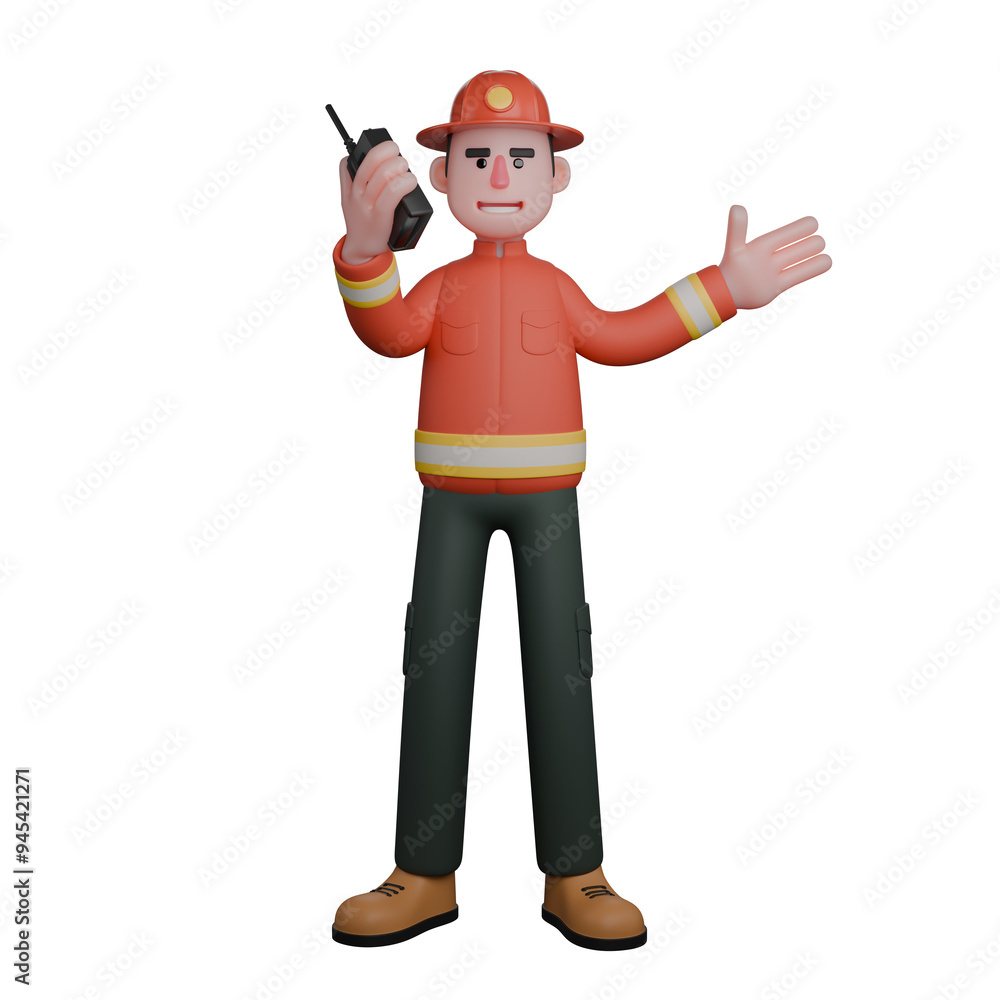 3D Male Firefighter Character. A firefighter holds a walkie-talkie in one hand while gesturing with the other hand. Rescue Professional 3D Male Firefighter Character. A firefighter holds a walkie-talkie in one hand while gesturing with the other hand. Rescue Professional
