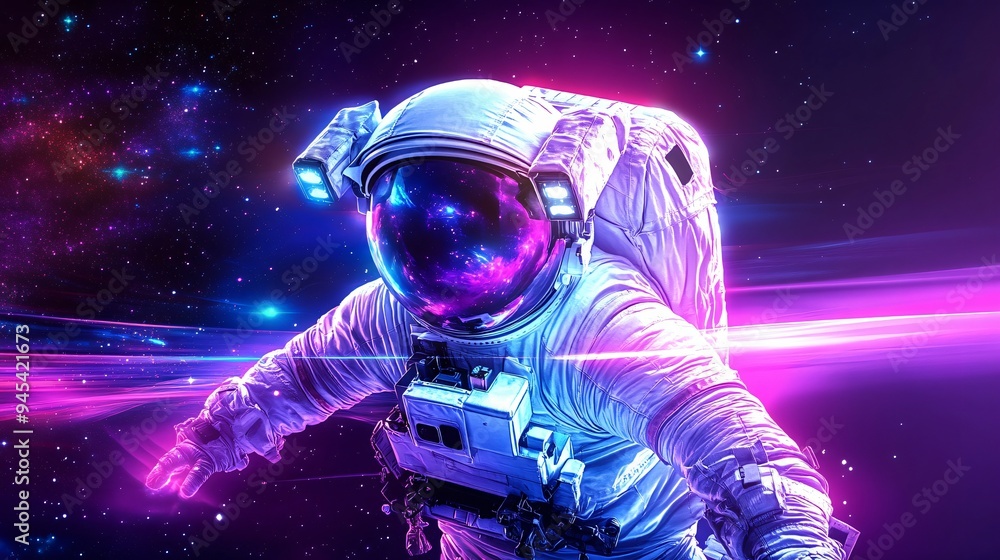 Futuristic astronaut floating in a vibrant cosmic scene, surrounded by colorful space and swirling light patterns. Futuristic astronaut floating in a vibrant cosmic scene, surrounded by colorful space and swirling light patterns.