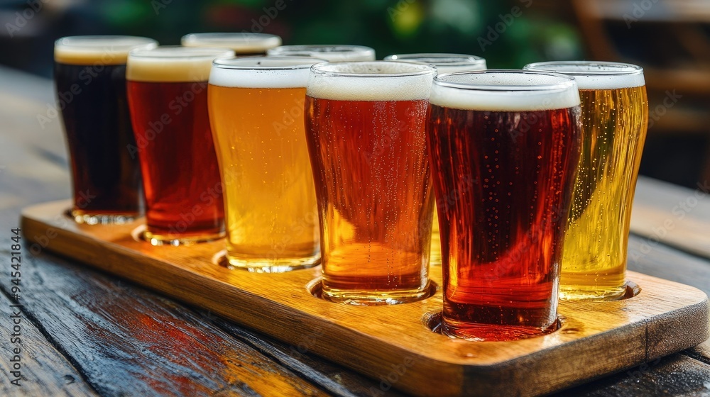 A flight of craft beers in different colors and flavors, served on a wooden tasting board A flight of craft beers in different colors and flavors, served on a wooden tasting board