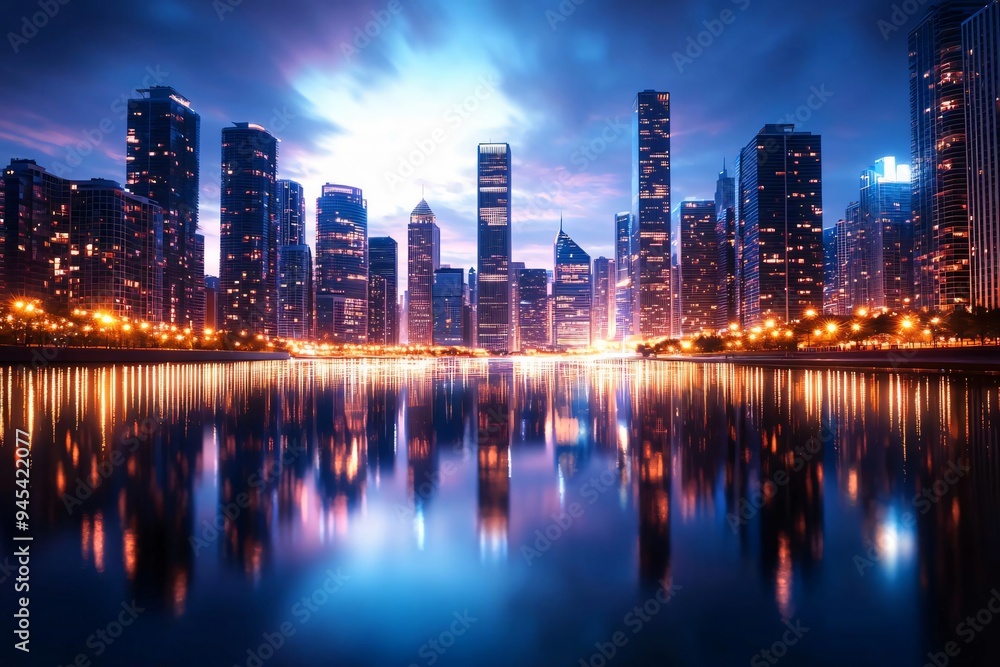Fototapeta premium Stunning city skyline at twilight, illuminated buildings reflecting on calm water, creating a mesmerizing urban landscape.