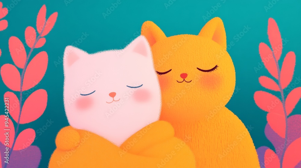 Two cute cartoon cats share an affectionate moment amidst a lively floral backdrop Two cute cartoon cats share an affectionate moment amidst a lively floral backdrop