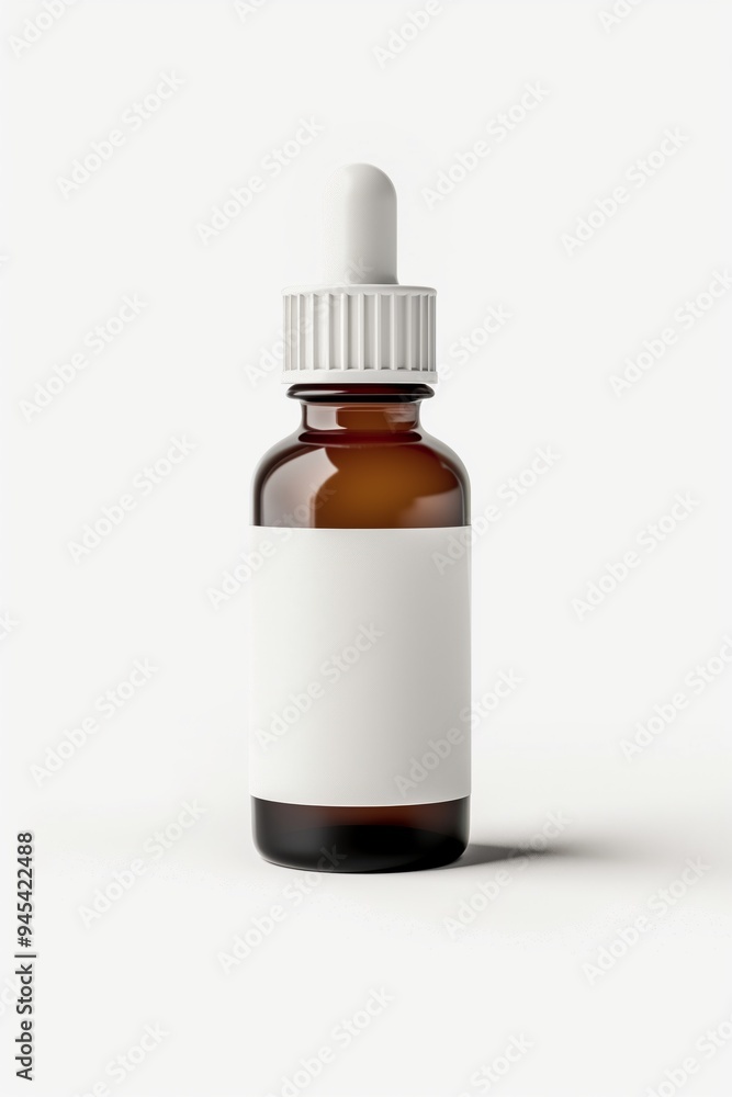 Brown glass dropper bottle with white label on plain background, showcasing a minimalist design for essential oils or serums Brown glass dropper bottle with white label on plain background, showcasing a minimalist design for essential oils or serums