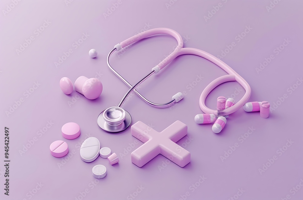 Medical stethoscope and pills on purple background Medical stethoscope and pills on purple background