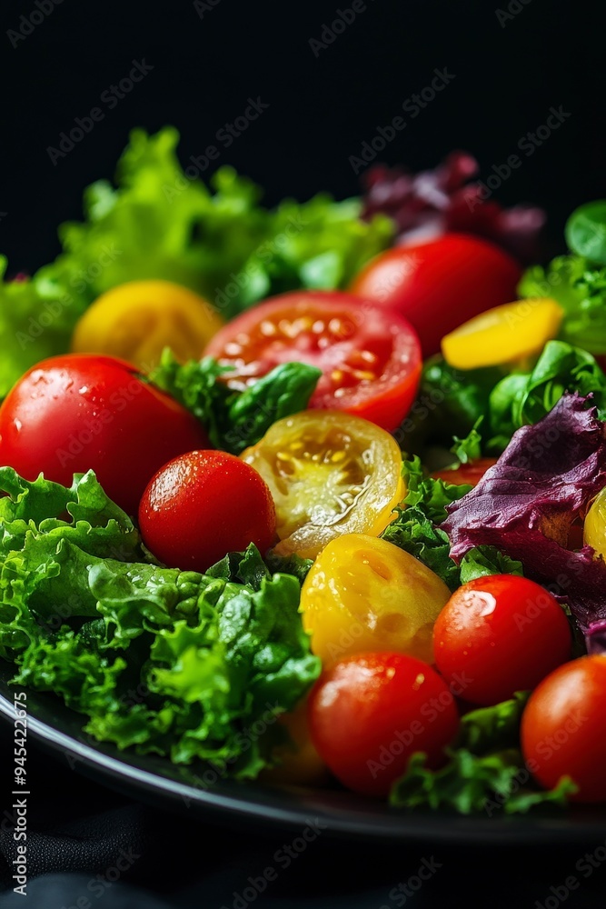 A vibrant salad featuring various tomatoes and fresh greens on a dark background. A vibrant salad featuring various tomatoes and fresh greens on a dark background.