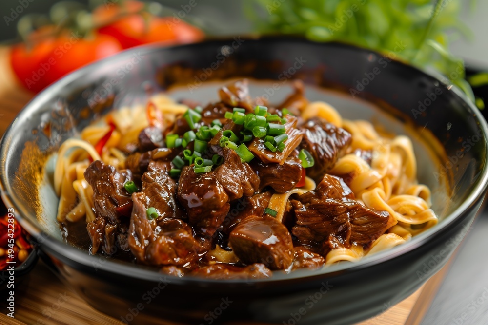 Delicious beef noodles topped with green onions served in a black bowl with fresh tomatoes in the background Delicious beef noodles topped with green onions served in a black bowl with fresh tomatoes in the background