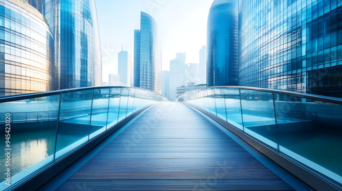 minimalist pedestrian bridge with smooth curves and glass railings leads into modern cityscape reflecting blue tones and sleek futuristic atmosphere