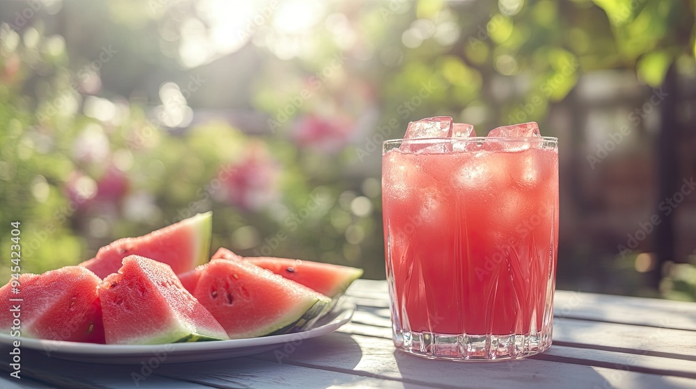 A glass of fresh watermelon juice with ice cubes, served with a plate of sliced watermelon on a sunny patio A glass of fresh watermelon juice with ice cubes, served with a plate of sliced watermelon on a sunny patio