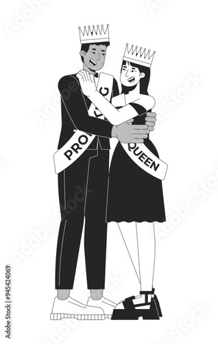 Prom queen king high school dance black and white 2D line characters. Crowns on heads. Interracial couple prom highschool adolescents isolated vector outline people. Monochromatic spot illustration