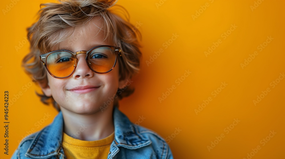 A young boy with curly blonde hair wearing stylish yellow-tinted glasses and a denim jacket, smiling against a bright yellow background. A young boy with curly blonde hair wearing stylish yellow-tinted glasses and a denim jacket, smiling against a bright yellow background.