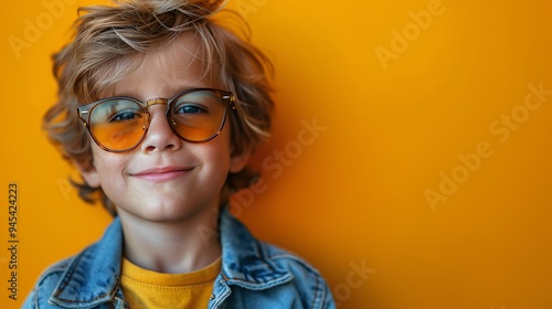 A young boy with curly blonde hair wearing stylish yellow-tinted glasses and a denim jacket, smiling against a bright yellow background.