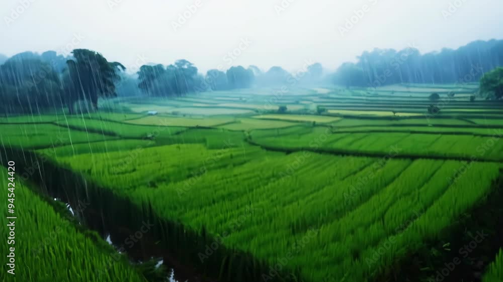 Enjoying a warm cup of coffee while watching rain on lush green rice fields in the countryside Enjoying a warm cup of coffee while watching rain on lush green rice fields in the countryside
