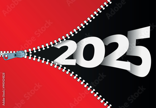 2025 Happy New Year unveiling, Zipper teeth vector revealing the transition of new year, suitable for greeting card, banner, poster, template etc