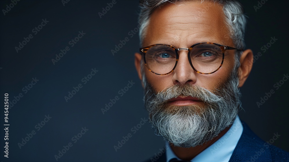 A close-up portrait of a mature man with a well-groomed beard and glasses. He has silver hair and is wearing a dark suit. The background is softly blurred A close-up portrait of a mature man with a well-groomed beard and glasses. He has silver hair and is wearing a dark suit. The background is softly blurred