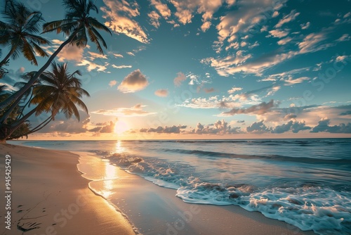 Sunrise over the tranquil beach with waves lapping the shore and palm trees swaying under a colorful sky