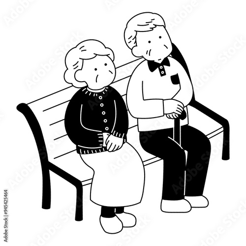 ベンチに座って上を見上げるシニア男女の単色イラスト
