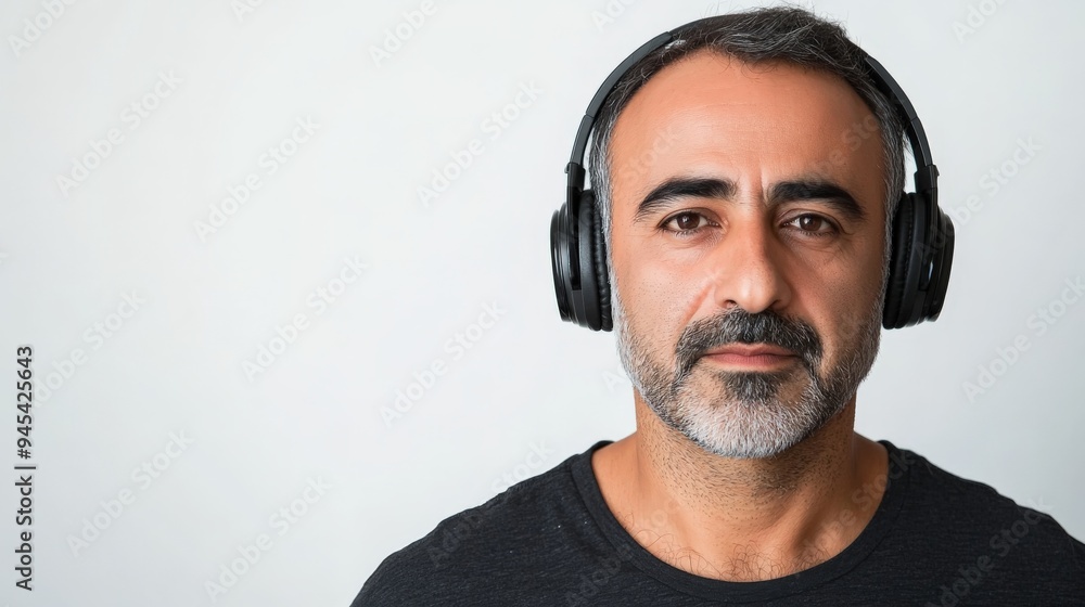 A man is wearing black headphones, looking focused against a neutral background. The simplicity of the backdrop highlights the man's contemplative expression. A man is wearing black headphones, looking focused against a neutral background. The simplicity of the backdrop highlights the man's contemplative expression.