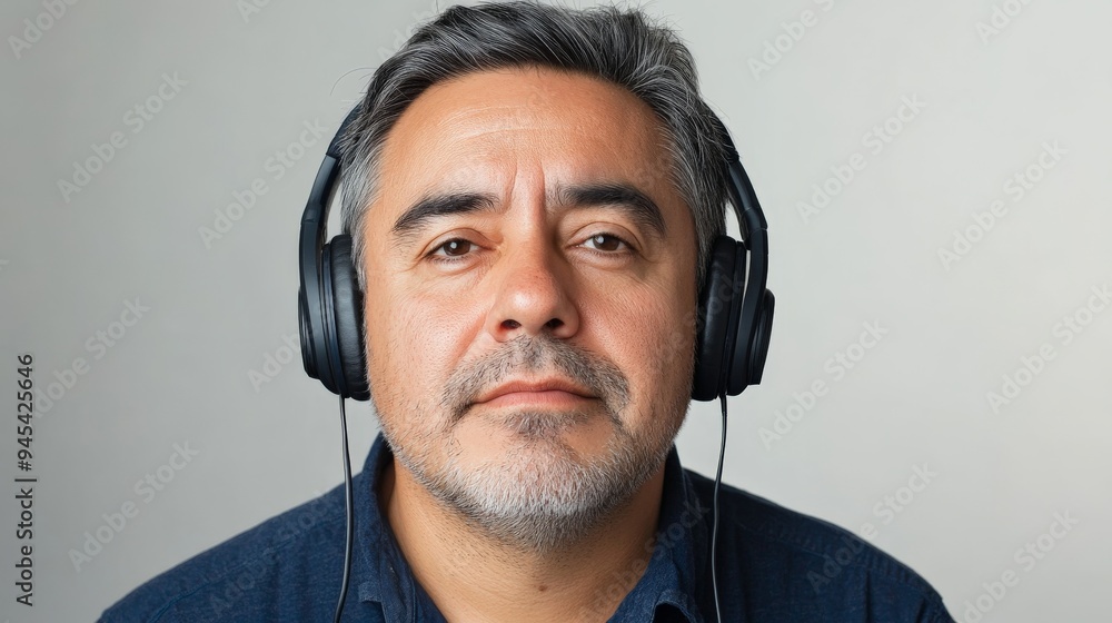 A middle-aged man with gray hair and a headset has a neutral expression while listening to music. His relaxed presence and direct gaze suggest a thoughtful engagement. A middle-aged man with gray hair and a headset has a neutral expression while listening to music. His relaxed presence and direct gaze suggest a thoughtful engagement.