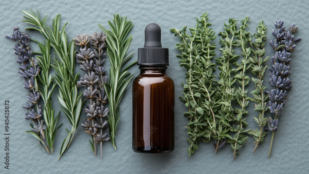Herbal essential oil bottle with rosemary, lavender, and thyme, natural wellness concept Herbal essential oil bottle with rosemary, lavender, and thyme, natural wellness concept