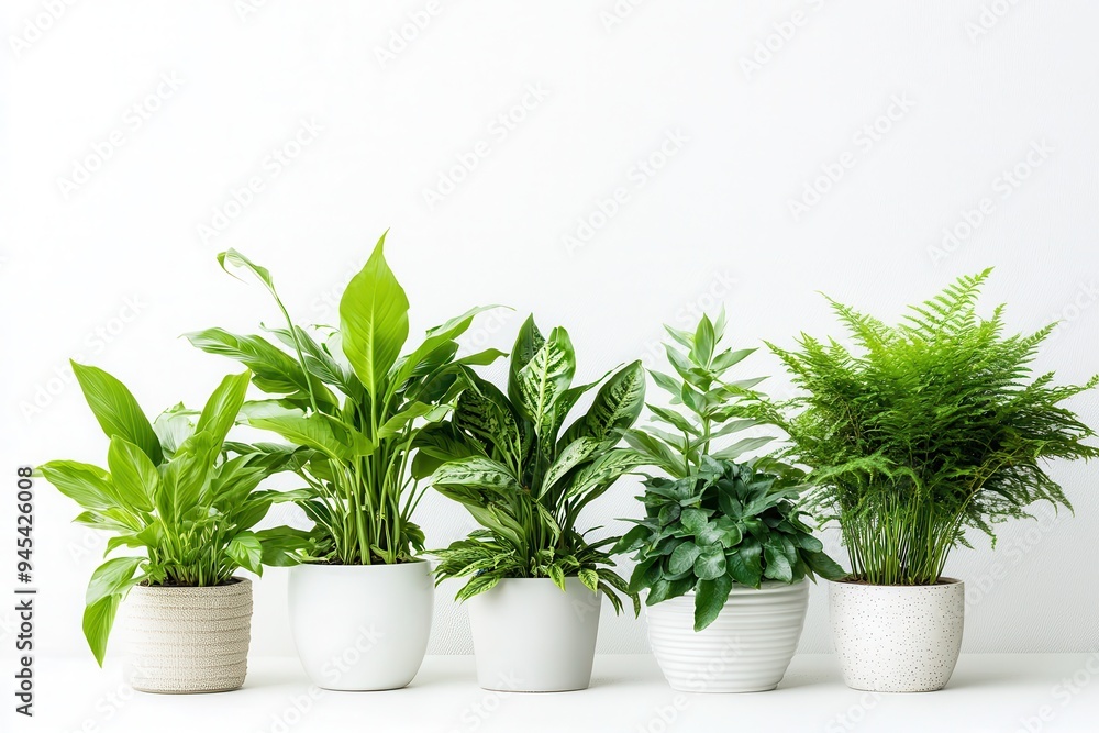 A collection of indoor plants in decorative pots against a white background. A collection of indoor plants in decorative pots against a white background.