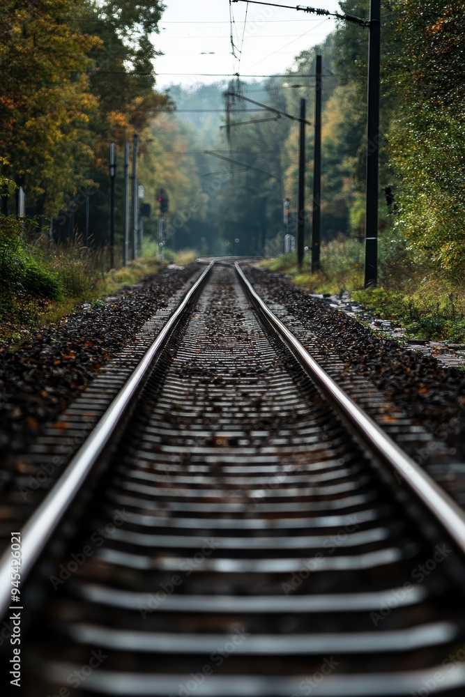 A serene view of a railway track surrounded by autumn foliage, capturing the essence of tranquility and nature's beauty. A serene view of a railway track surrounded by autumn foliage, capturing the essence of tranquility and nature's beauty.