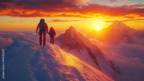 epic mountain climbing scene with two silhouetted figures scaling a treacherous snowcapped peak surrounded by dramatic clouds and golden sunlight