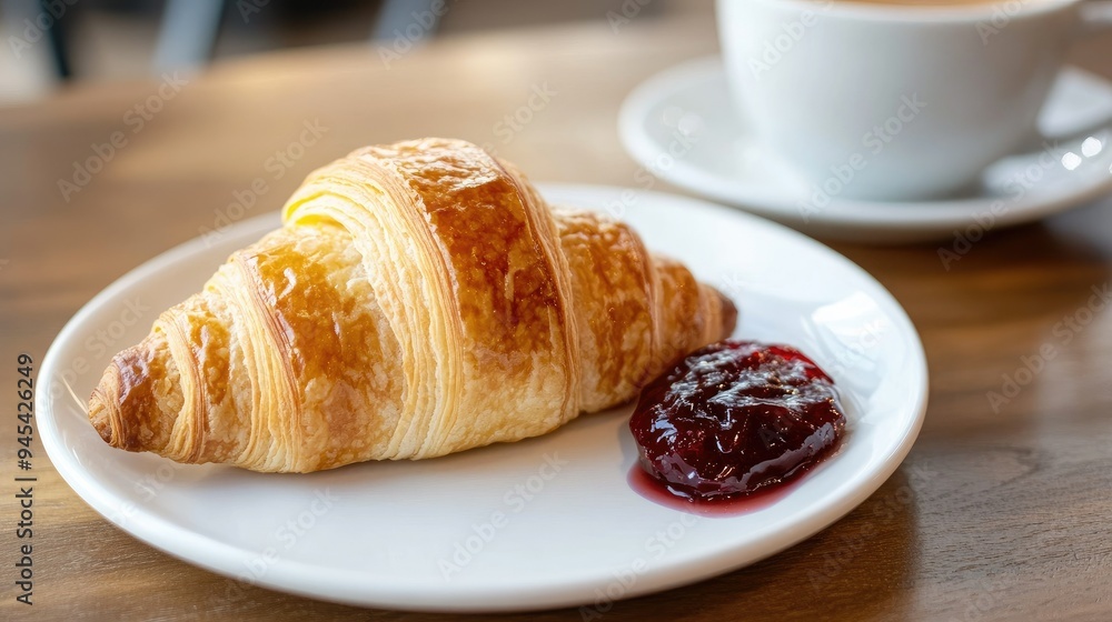 A traditional French croissant served with butter and jam on a white plate, with a cup of coffee on the side A traditional French croissant served with butter and jam on a white plate, with a cup of coffee on the side