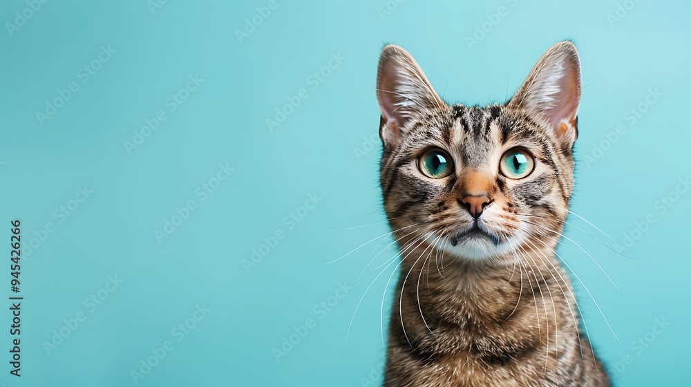 Curious Tabby Cat with Teal Background Curious Tabby Cat with Teal Background