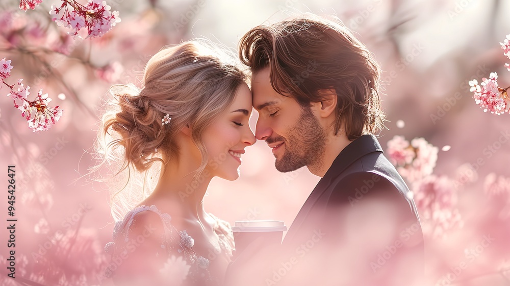 A romantic couple embracing in a cherry blossom garden, surrounded by pink flowers. The woman has long, wavy hair and is wearing a light dress A romantic couple embracing in a cherry blossom garden, surrounded by pink flowers. The woman has long, wavy hair and is wearing a light dress