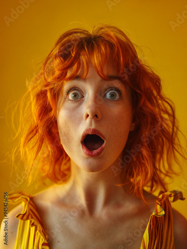 A woman with vibrant red hair, wearing a yellow top, who is expressing surprise.