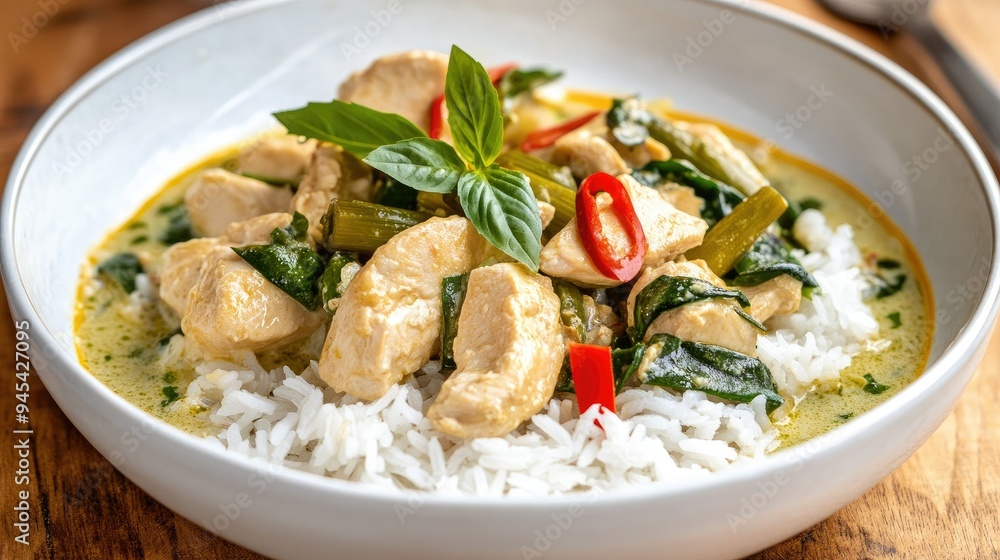A vibrant plate of Thai green curry with chicken, bamboo shoots, and coconut milk, served over jasmine rice in a white bowl A vibrant plate of Thai green curry with chicken, bamboo shoots, and coconut milk, served over jasmine rice in a white bowl