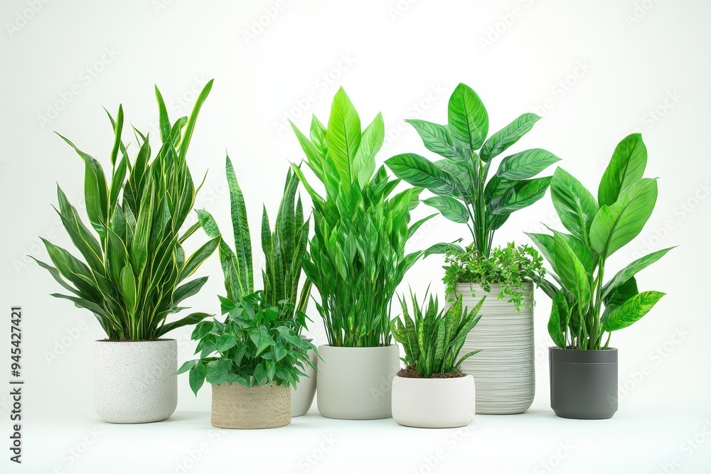 Obraz premium A collection of various indoor plants in decorative pots, showcasing greenery and decor.