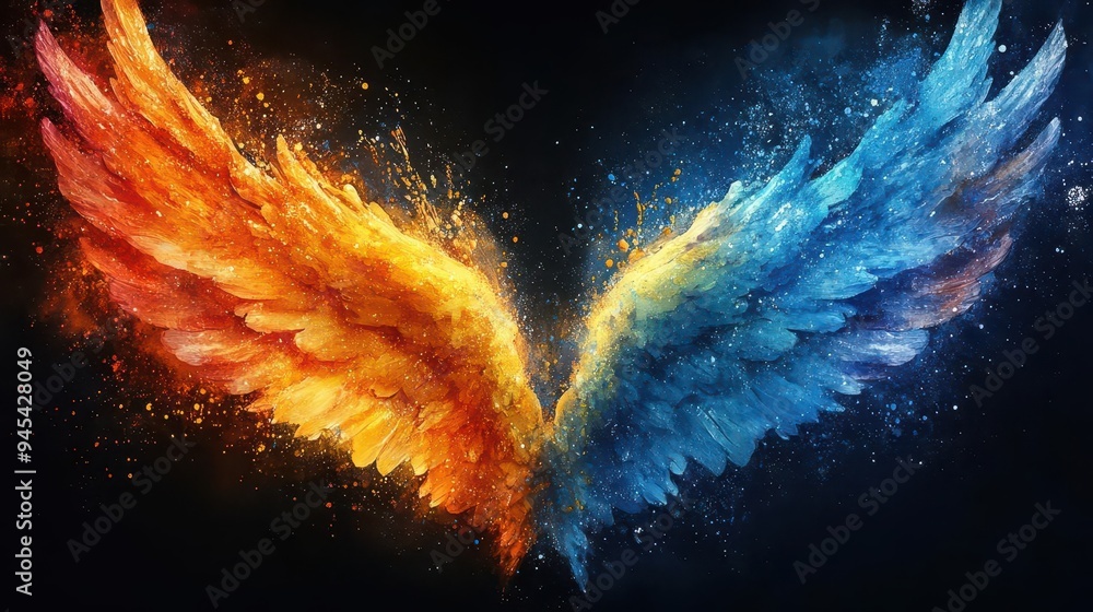 Fototapeta premium ethereal angel wings rendered in vivid watercolor splashes on black background dynamic brush strokes