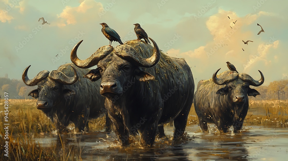 Naklejka premium Three African buffaloes walking through a swampy area, two birds are perched on one buffalo's head, while another is perched on the back of the one on the right.