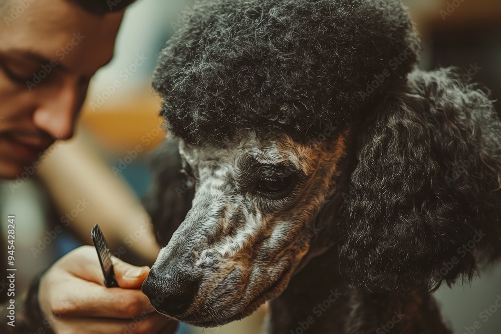 This image shows an elegant black poodle getting groomed by a ...