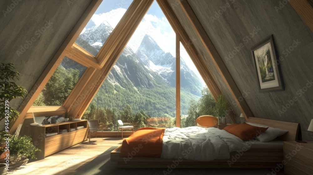 A cozy bedroom with a view of snow-capped mountains and a lush forest from a large triangular window. A cozy bedroom with a view of snow-capped mountains and a lush forest from a large triangular window.