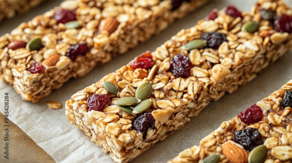 Homemade granola bars with nuts, seeds, and dried fruits, arranged on parchment paper Homemade granola bars with nuts, seeds, and dried fruits, arranged on parchment paper