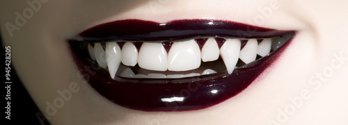 Close-up of vampire fangs with dark red lips