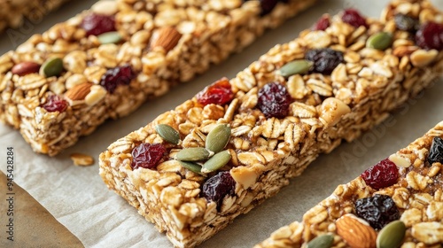 Homemade granola bars with nuts, seeds, and dried fruits, arranged on parchment paper