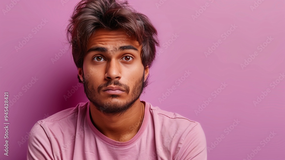 A young man with tousled hair and a contemplative expression, sitting against a pink background. He wears a light pink t-shirt, looking upwards with a thoughtful gaze. A young man with tousled hair and a contemplative expression, sitting against a pink background. He wears a light pink t-shirt, looking upwards with a thoughtful gaze.