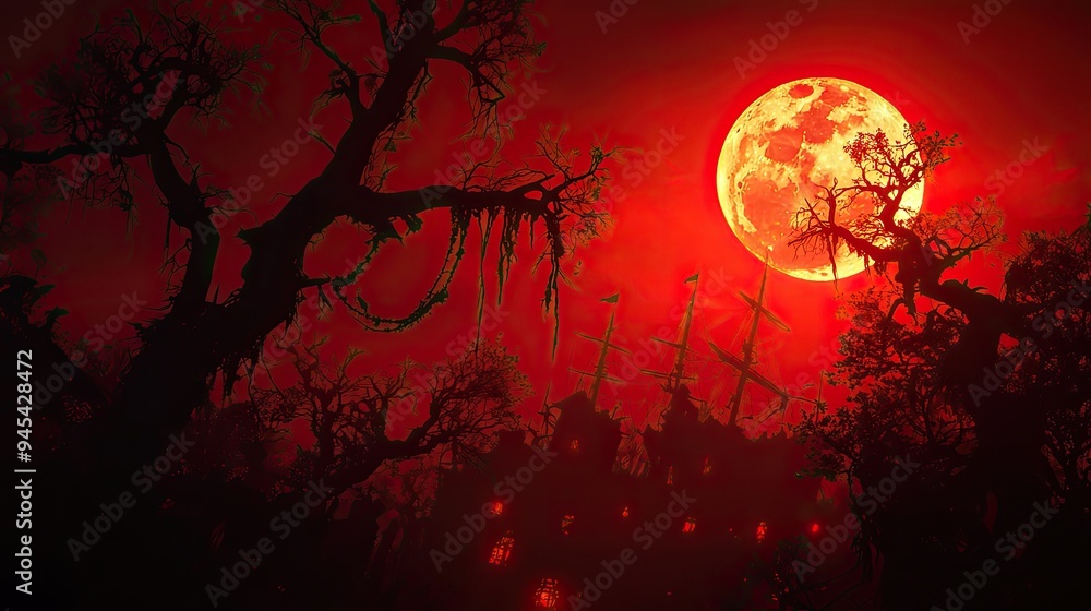 A haunting landscape featuring a vivid red moon shining through dark, twisted trees, evoking an eerie atmosphere. A haunting landscape featuring a vivid red moon shining through dark, twisted trees, evoking an eerie atmosphere.
