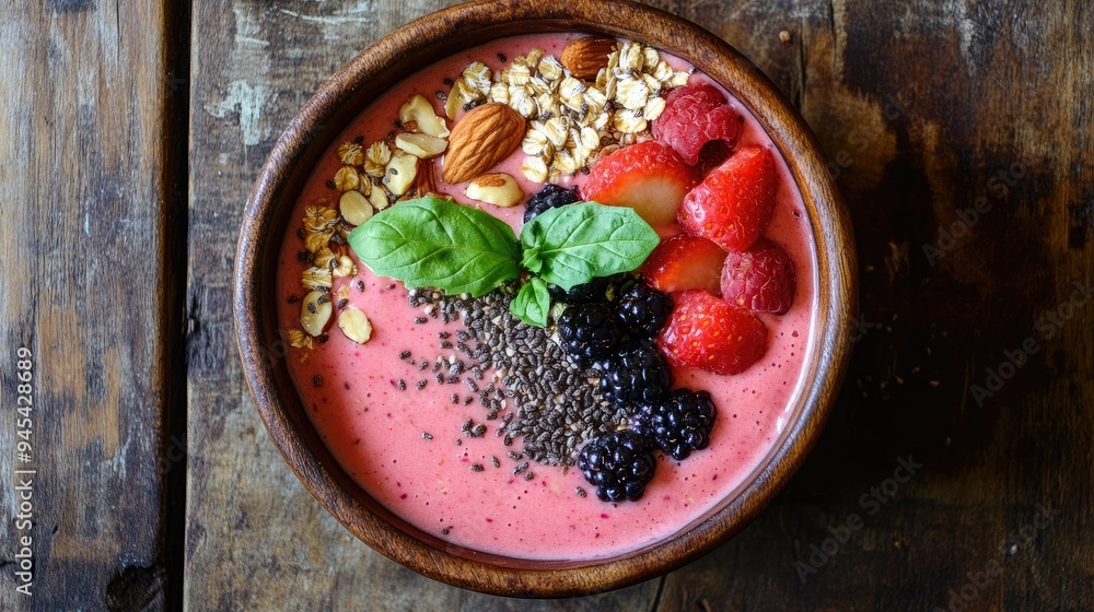 Smoothie bowl topped with fresh fruits, nuts, and seeds, placed on a rustic wooden background Smoothie bowl topped with fresh fruits, nuts, and seeds, placed on a rustic wooden background